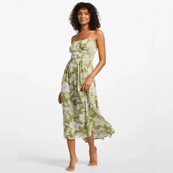 Billabong Green Ivory Your Babe Floral Midi Lightweight Dress Medium - Picture 9 of 11